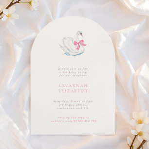 Invitation Fête d'anniversaire Simple Arche Cygne & Nœud Rose