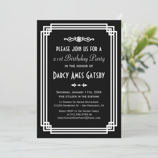 Invitation Fête d'anniversaire simple Art Déco noir & blanc (Debout devant)