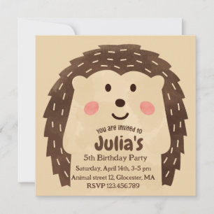 Invitation Fête d'anniversaire simple au hérisson à l'aquarel