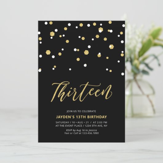 Invitation Fête d'anniversaire simple Black & Gold 13 ans (Debout devant)