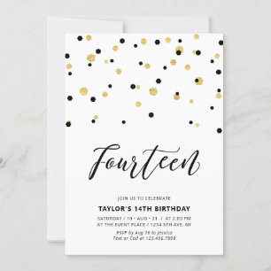 Invitation Fête d'anniversaire simple Black & Gold 14 ans