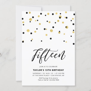 Invitation Fête d'anniversaire simple Black & Gold pour 15 an