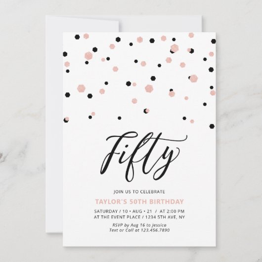 Invitation Fête d'anniversaire simple Black & Rose Gold Fifty (Devant)