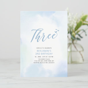 Invitation Fête d'anniversaire Simple Blue Hearts Trois 3ème