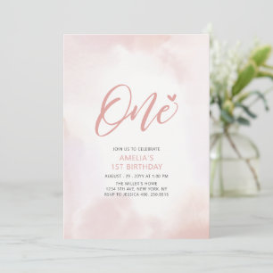Invitation Fête d'anniversaire Simple Cœur Rose Un 1ère Fille
