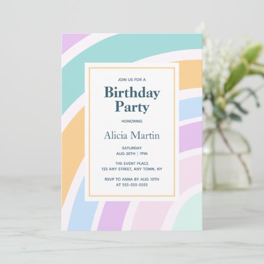 Invitation Fête d'anniversaire simple et moderne Pastel Rainb (Debout devant)