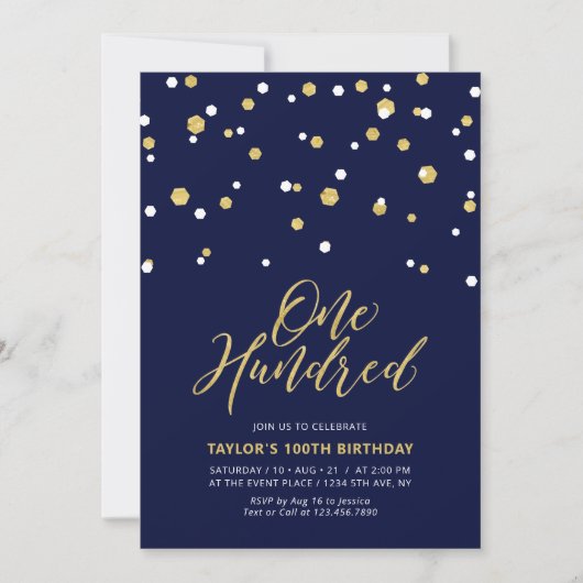 Invitation Fête d'anniversaire simple Navy & Or 100 ans (Devant)