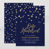 Invitation Fête d'anniversaire simple Navy & Or 100 ans (Devant / Derrière)
