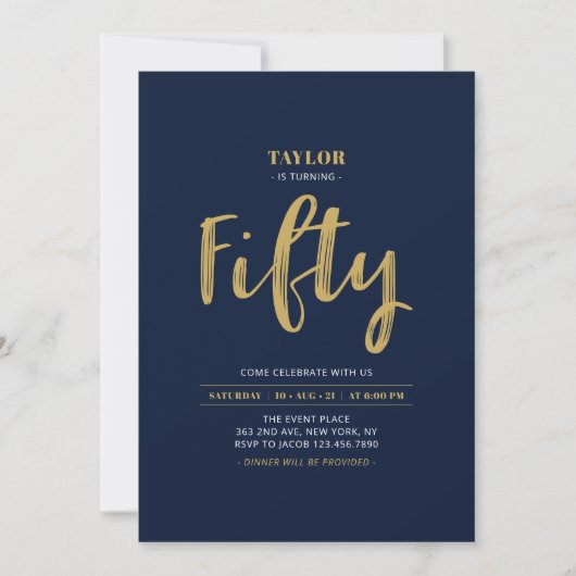 Invitation Fête d'anniversaire simple Navy & Or 50 ans (Devant)