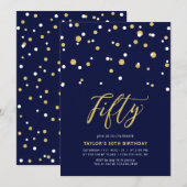 Invitation Fête d'anniversaire simple Navy & Or Fifty 50 ans (Devant / Derrière)
