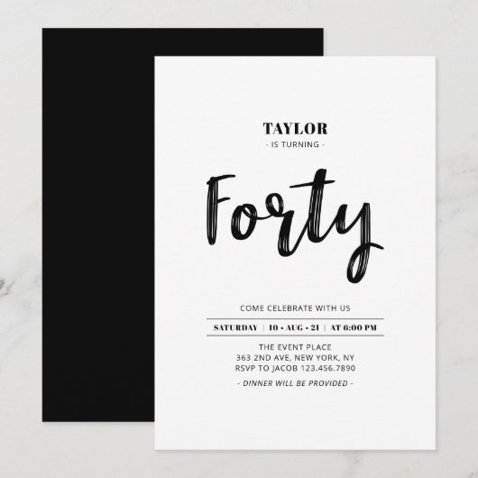 Invitation Fête d'anniversaire simple noir et blanc 40 ans (Devant / Derrière)