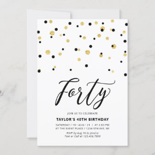 Invitation Fête d'anniversaire simple noir et or pour 40 ans
