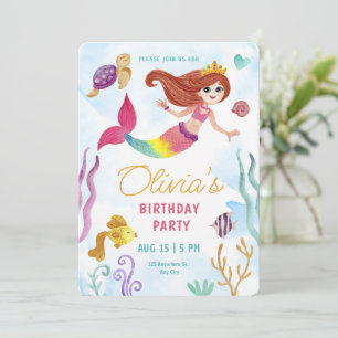 Invitation Fête d'anniversaire Sirène à l'aquarelle sous la m