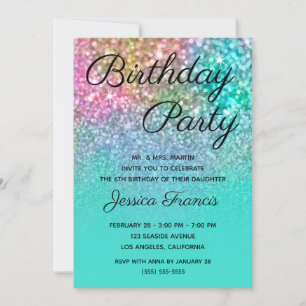 Invitation Fête d'anniversaire Sirène Paillettes Turquoise Om