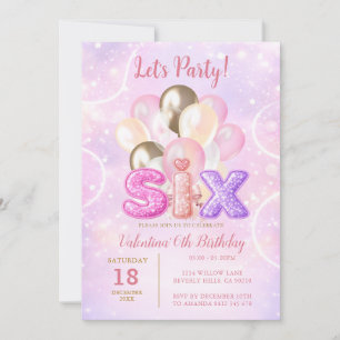 Invitation Fête d'anniversaire Six Ballons Rose Violet Paille