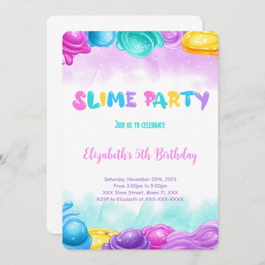 Invitation Fête d'anniversaire Slime modifiable (Devant / Derrière)