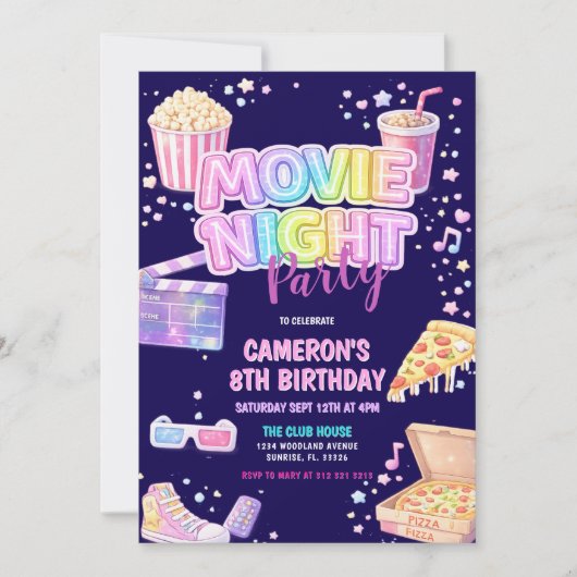 Invitation Fête d'anniversaire soirée cinéma (Devant)