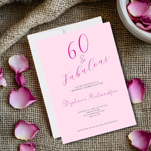 Invitation Fête d'anniversaire soixante ans rose Script Soixa
