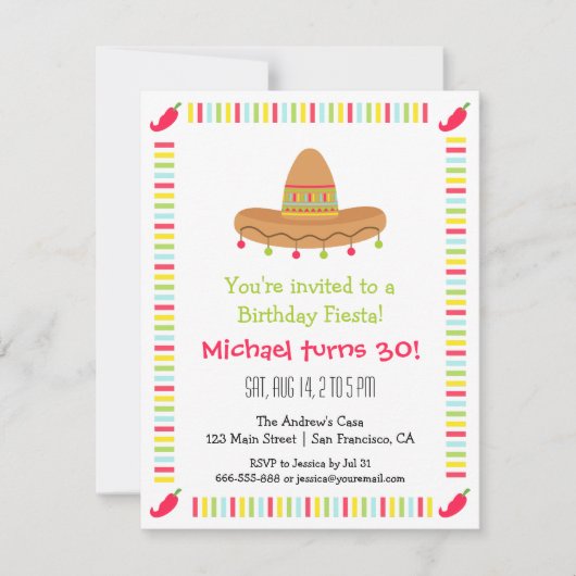 Invitation Fête d'anniversaire Sombrero Mexicaine (Devant)