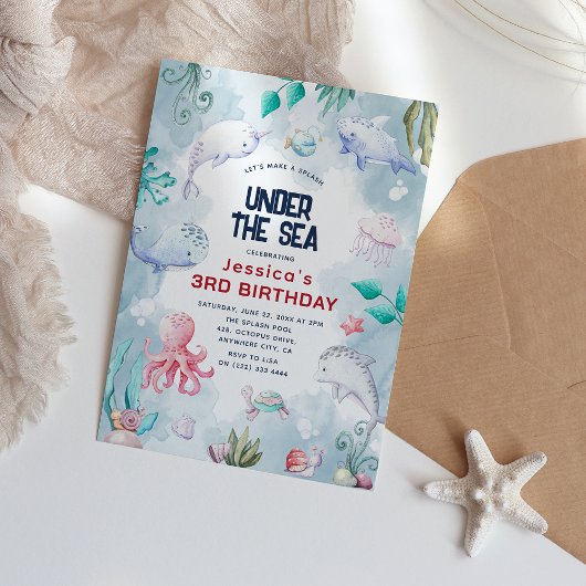 Invitation Fête d'anniversaire sous l'océan à l'aquarelle pou