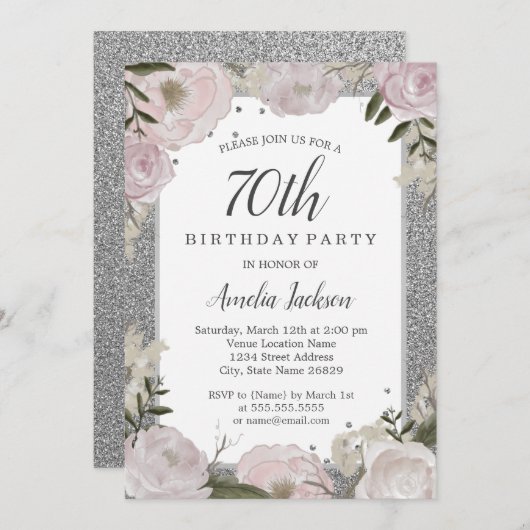 Invitation Fête d'anniversaire Sparkle Pink Silver 70e (Devant / Derrière)