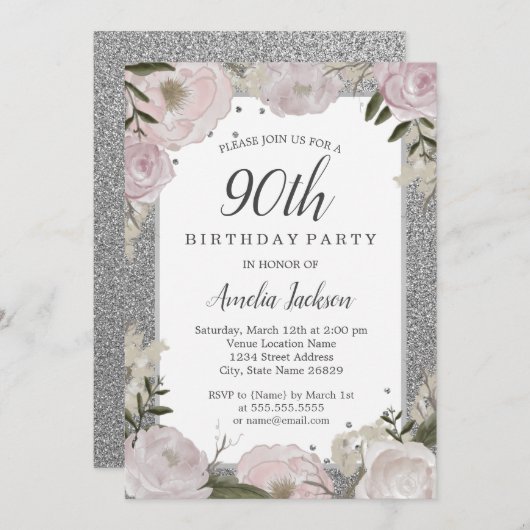 Invitation Fête d'anniversaire Sparkle Pink Silver 90e (Devant / Derrière)