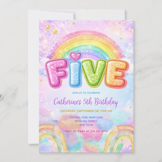 Invitation Fête d'anniversaire Sparkle Rainbow 5 ans (Devant)