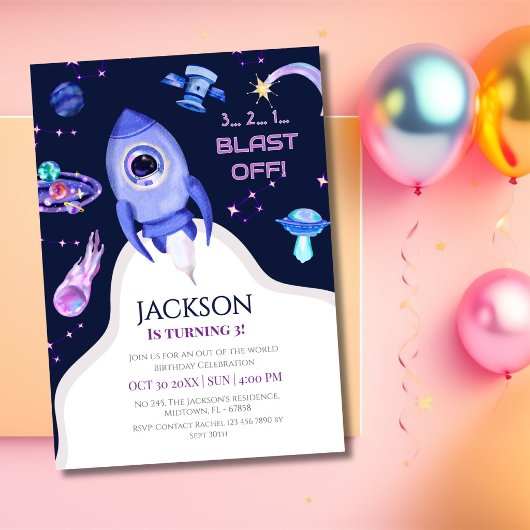 Invitation Fête d'anniversaire spatiale pour garçons - Décoll