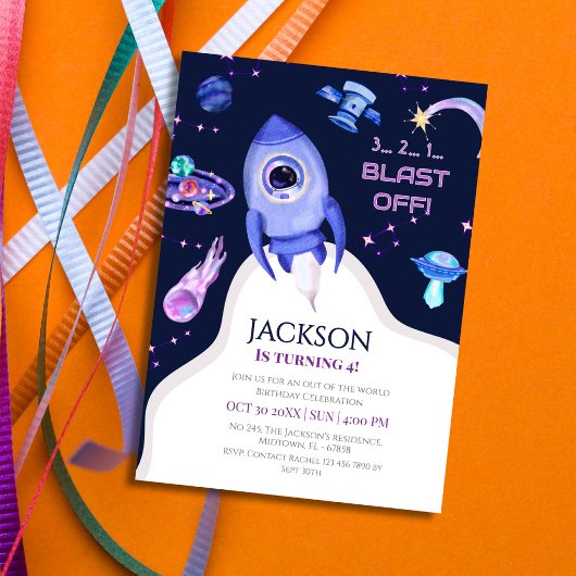 Invitation Fête d'anniversaire spatiale pour garçons Fusée 4è