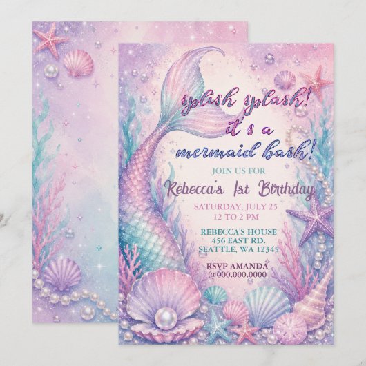 Invitation Fête d'anniversaire Splash Bash Sirène (Devant / Derrière)
