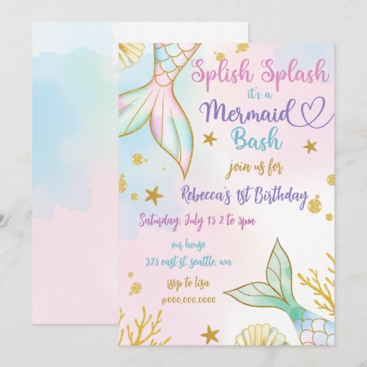 Invitation Fête d'anniversaire Splash Bash Sirène (Devant / Derrière)