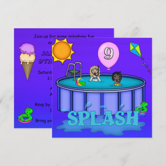 Invitation Fête d'anniversaire "Splash" pour 9 ans (Devant / Derrière)