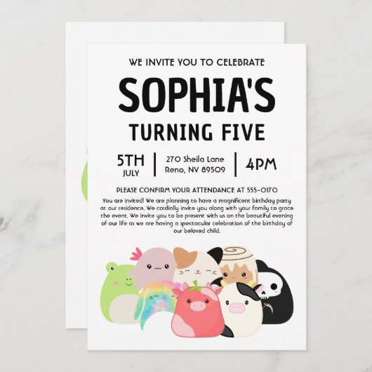 Invitation Fête d'anniversaire Squishmallow (Devant / Derrière)
