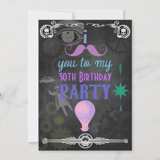 Invitation Fête d'anniversaire Steampunk tableau noir (Devant)