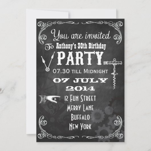 Invitation Fête d'anniversaire Steampunk Tableau Noir (Devant)