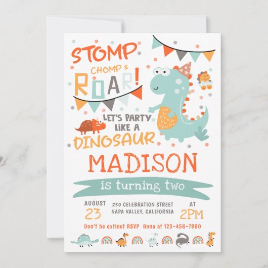 Invitation Fête d'anniversaire Stomp, Chomp et Roar Dinosaur (Devant)