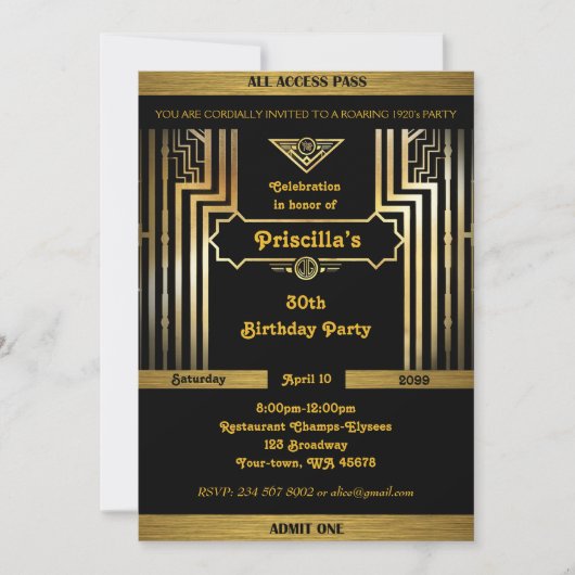 Invitation Fête d'anniversaire, style Gatsby, Art Déco, noir (Devant)