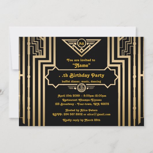 Invitation Fête d'anniversaire, style Gatsby, Art déco, or&no (Devant)