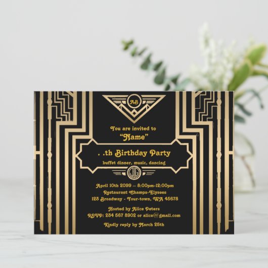 Invitation Fête d'anniversaire, style Gatsby, Art déco, or&no (Debout devant)