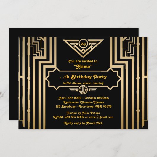 Invitation Fête d'anniversaire, style Gatsby, Art déco, or&no (Devant / Derrière)