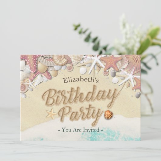 Invitation Fête d'anniversaire Summer Beach Starfish Coques d (Debout devant)