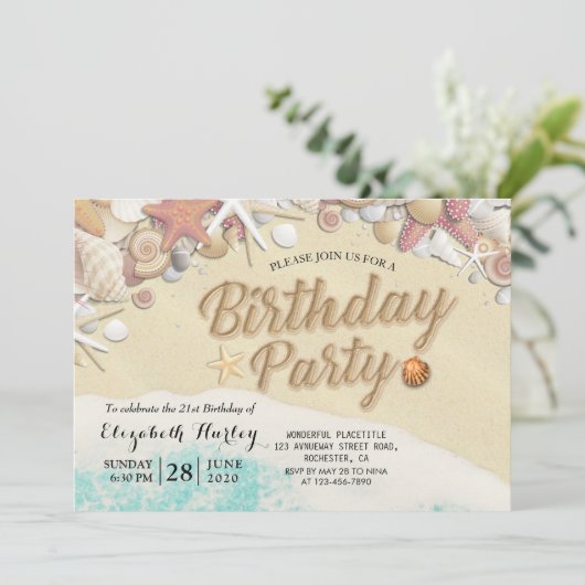 Invitation Fête d'anniversaire Summer Beach Starfish Coques d (Debout devant)