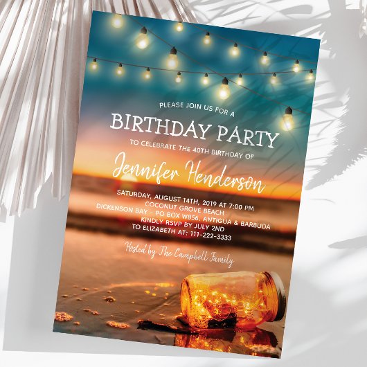 Invitation Fête d'anniversaire sur la plage au coucher du sol
