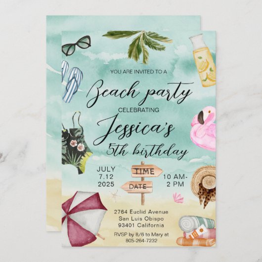 Invitation Fête d'anniversaire sur la plage en été (Devant / Derrière)