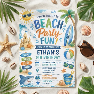 Invitation Fête d'anniversaire sur la plage Été Piscine Surf