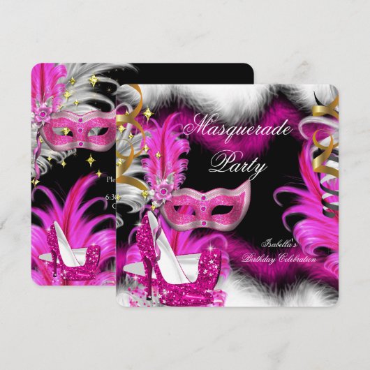 Invitation Fête d'anniversaire sur le thème de bal masqué Ros (Devant / Derrière)