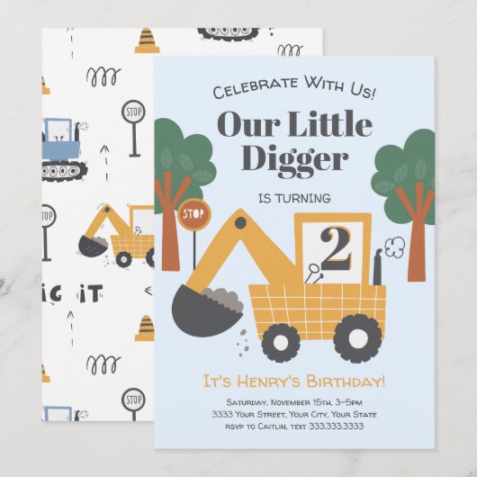 Invitation Fête d'anniversaire sur le thème de la constructio (Devant / Derrière)