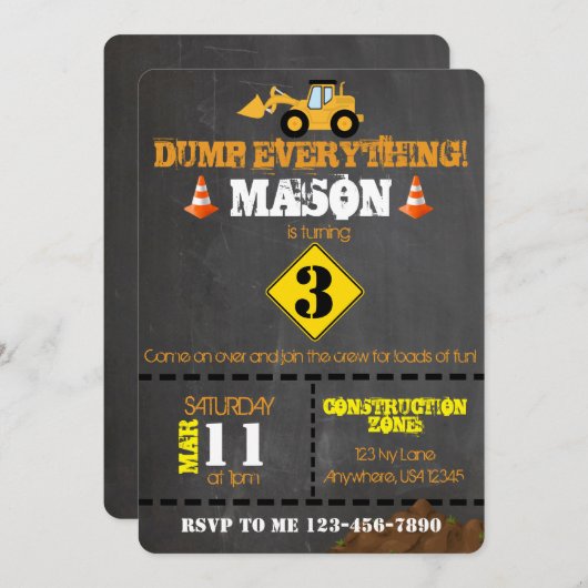 Invitation Fête d'anniversaire sur le thème de la constructio (Devant / Derrière)