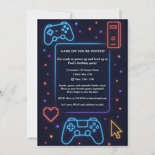 Invitation Fête d'anniversaire sur le thème de l'Arcade Gamer (Devant)