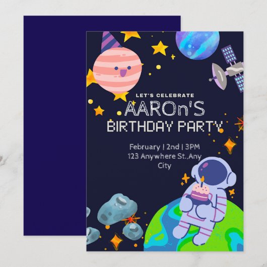 Invitation Fête d'anniversaire sur le thème de l'espace  (Devant / Derrière)